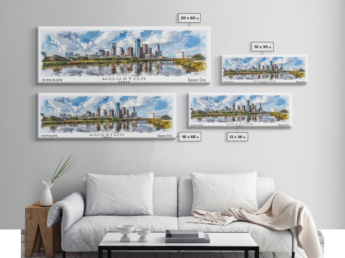 Houston Texas Panoramic Watercolor Painting, Urban Framed Canvas Print, Cityscape Wall Art for Living Room, Travel Poster, Home Decor, City Gift Idea