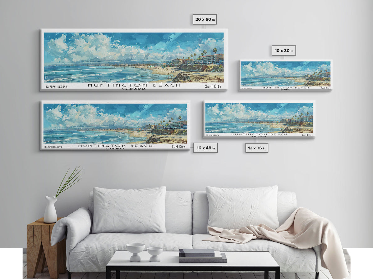 Huntington Beach California Panoramic Watercolor Painting, Urban Framed Canvas Print, Cityscape Wall Art for Office, Travel Decor, Home Gift Idea