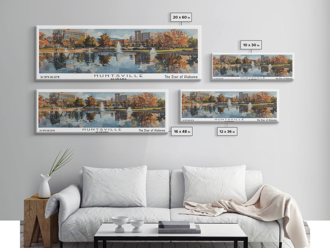 Huntsville Alabama Panoramic Watercolor Painting, Urban Framed Canvas Print, Cityscape Wall Art for Living Room, Travel Poster, Home Decor, City Gift Idea