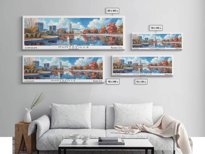 Huntsville Alabama Panoramic Watercolor Painting, Urban Framed Canvas Print, Cityscape Wall Art for Office, Travel Decor, Home Gift Idea