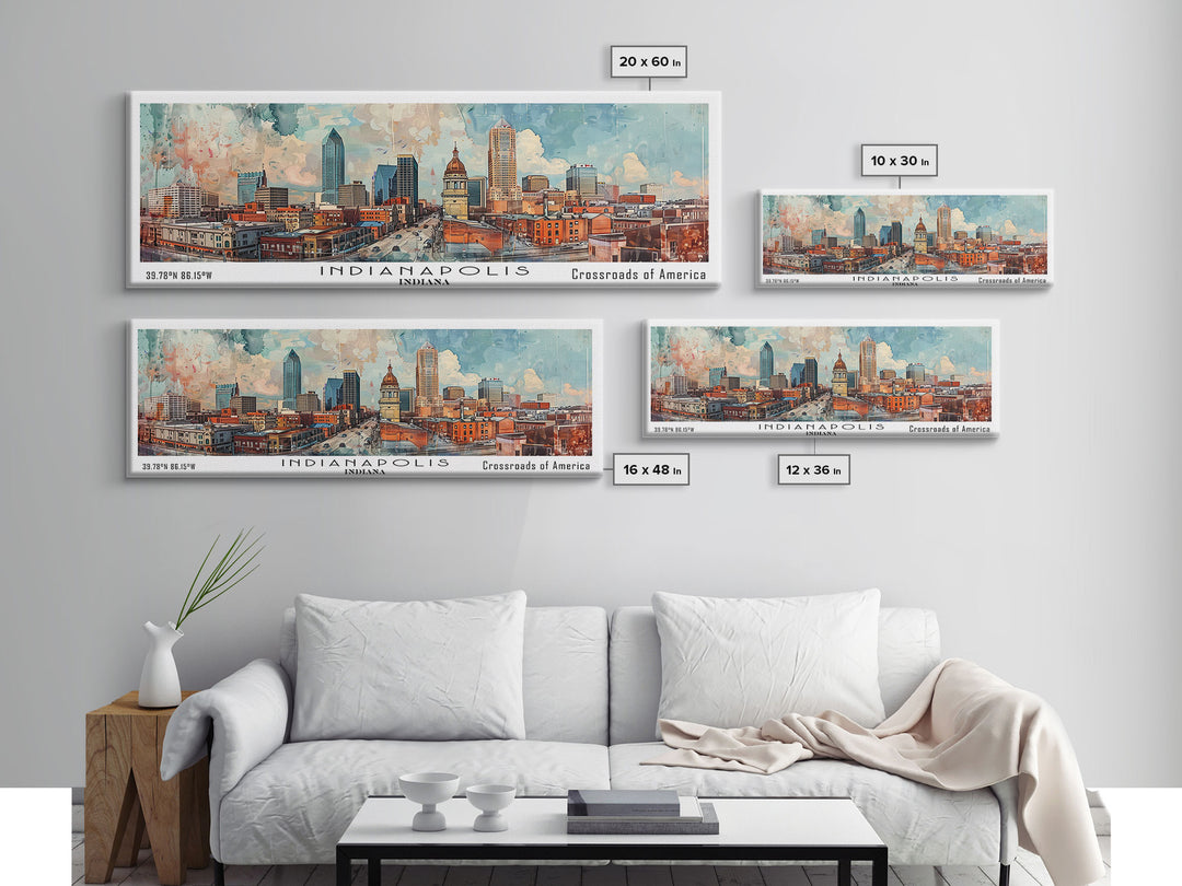 Indianapolis Indiana Panoramic Watercolor Painting, Urban Framed Canvas Print, Cityscape Wall Art for Office, Travel Decor, Home Gift Idea