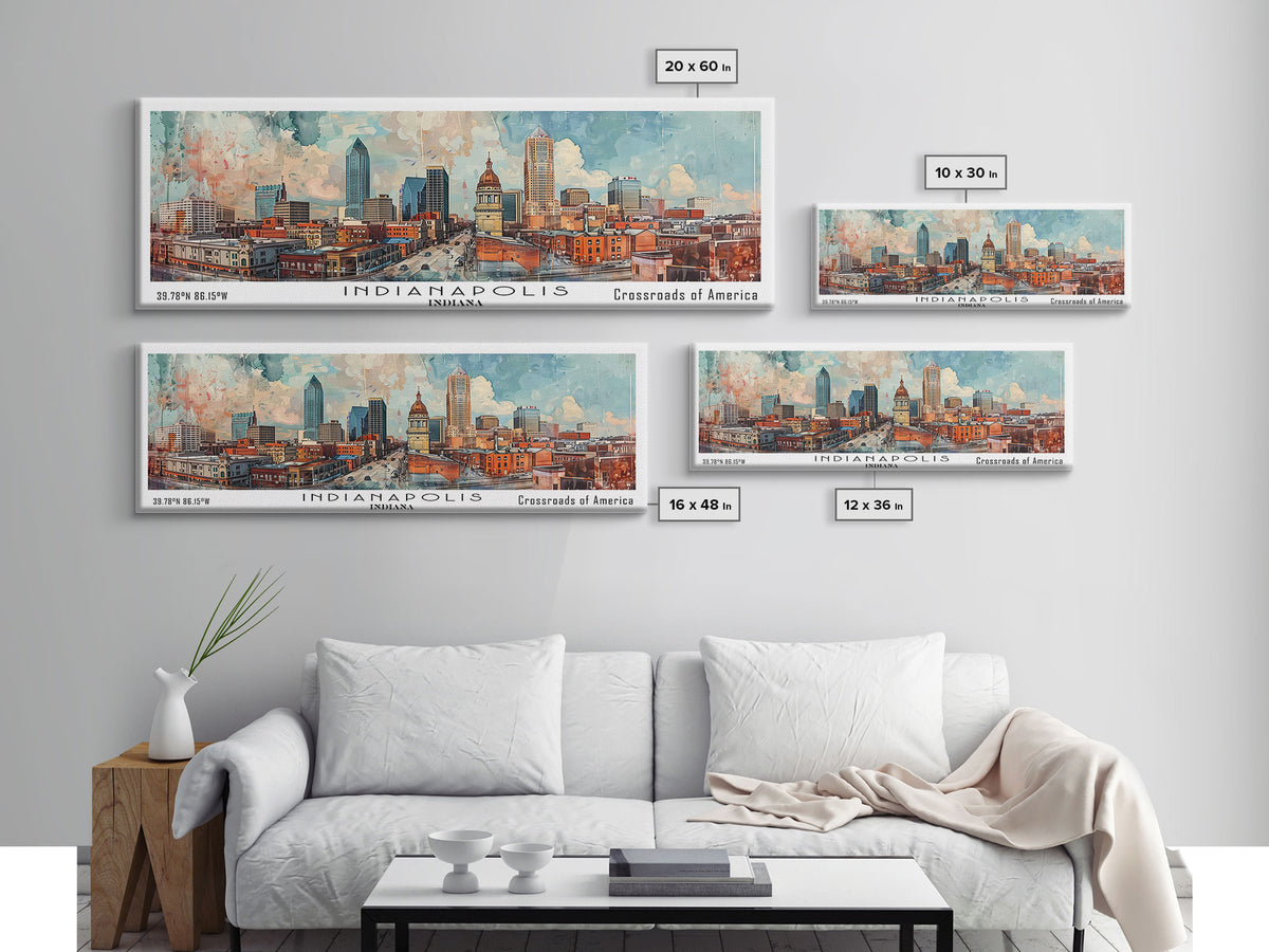 Indianapolis Indiana Panoramic Watercolor Painting, Urban Framed Canvas Print, Cityscape Wall Art for Office, Travel Decor, Home Gift Idea