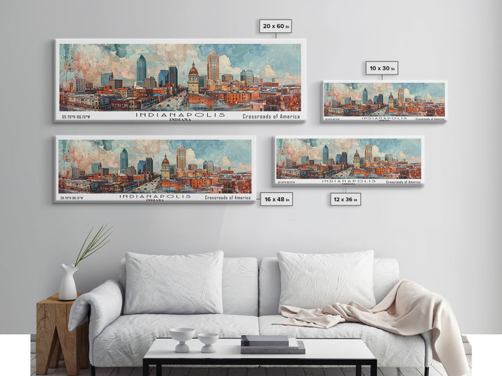 Indianapolis Indiana Panoramic Watercolor Painting, Urban Framed Canvas Print, Cityscape Wall Art for Office, Travel Decor, Home Gift Idea