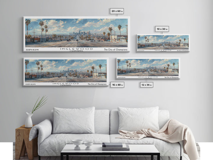 Inglewood California Panoramic Watercolor Painting, Urban Framed Canvas Print, Cityscape Wall Art for Living Room, Travel Poster, Home Decor, City Gift Idea