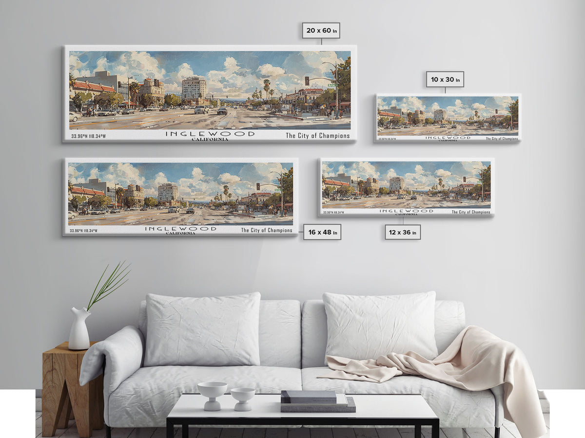 Inglewood California Panoramic Watercolor Painting, Urban Framed Canvas Print, Cityscape Wall Art for Office, Travel Decor, Home Gift Idea