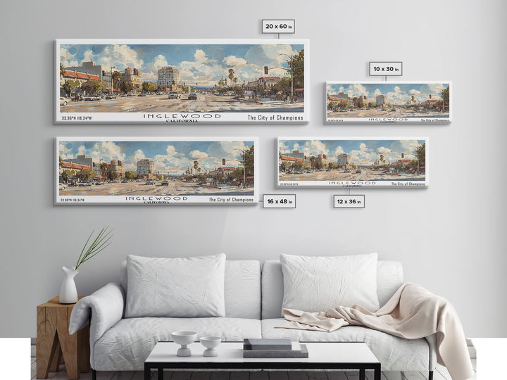 Inglewood California Panoramic Watercolor Painting, Urban Framed Canvas Print, Cityscape Wall Art for Office, Travel Decor, Home Gift Idea