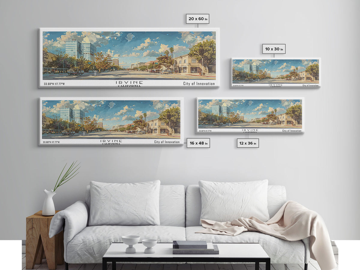 Irvine California Panoramic Cityscape Painting, Framed Canvas Print for Home, Office Wall Art, Urban Decor, Watercolor Travel Poster
