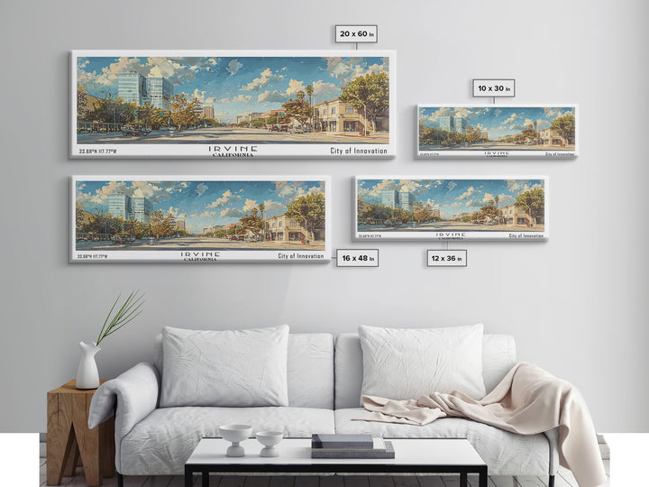 Irvine California Panoramic Cityscape Painting, Framed Canvas Print for Home, Office Wall Art, Urban Decor, Watercolor Travel Poster