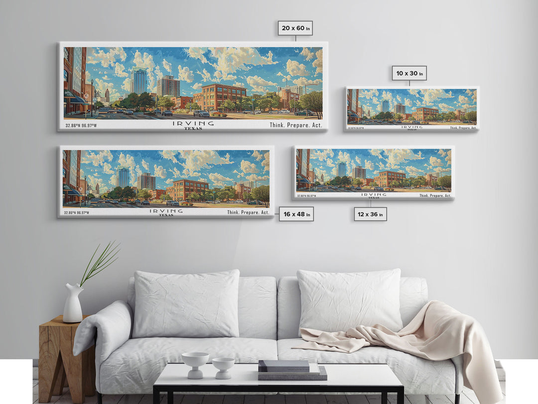Irving Texas Panoramic Wall Art, Watercolor Framed Canvas Print, Urban Cityscape for Living Room, Travel Poster, Home Decoration