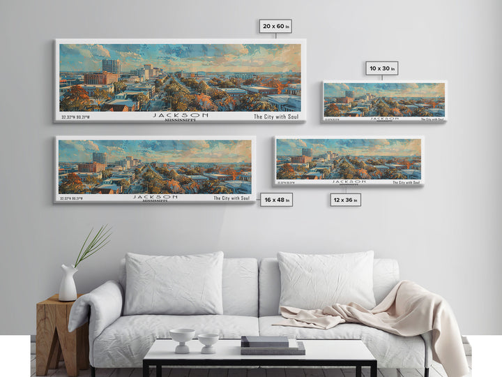 Jackson Mississippi Watercolor Panoramic City Painting, Framed Canvas Print for Living Room, Office Wall Art, Urban Decor, Travel Poster
