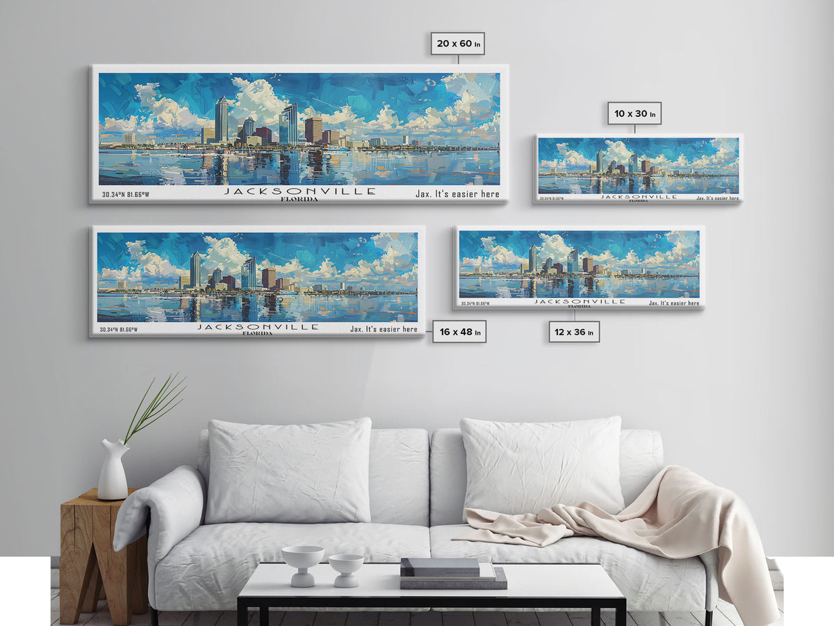 Jacksonville Florida Panoramic Watercolor City Painting, Framed Canvas Print for Home, Urban Decor, Office Art, Travel Poster
