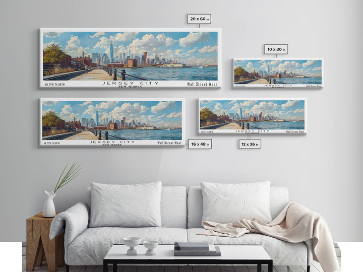 Jersey City New Jersey Panoramic Cityscape Painting, Framed Canvas Print, Urban Decor, Office Wall Art, Travel Poster, Watercolor Home Decoration