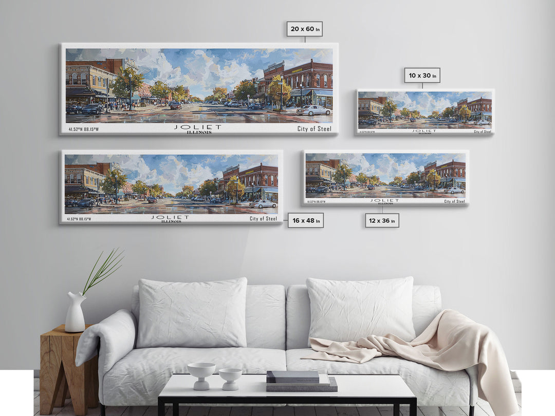 Joliet Illinois Panoramic Cityscape Wall Art, Watercolor Framed Canvas Print, Urban Painting for Living Room, Office Decor, Travel Poster