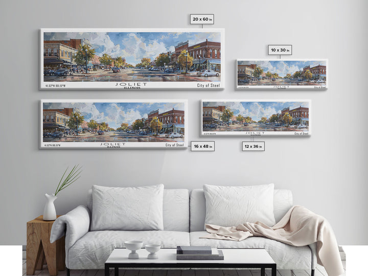 Joliet Illinois Panoramic Cityscape Wall Art, Watercolor Framed Canvas Print, Urban Painting for Living Room, Office Decor, Travel Poster