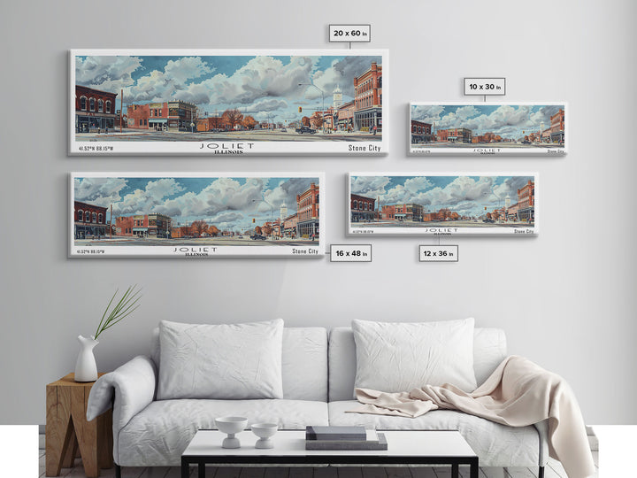 Joliet Illinois Panoramic Watercolor City Painting, Framed Canvas Print for Home, Office Wall Art, Urban Decor, Travel Poster