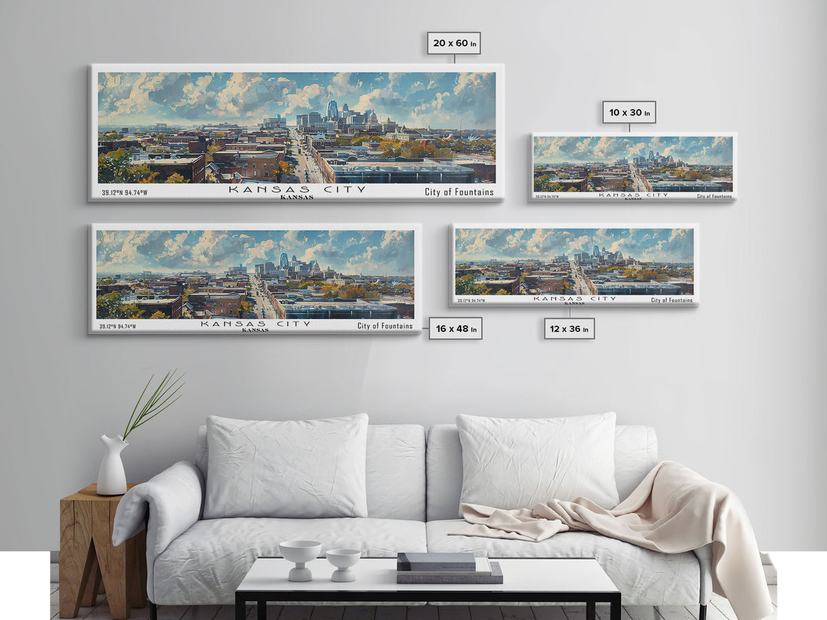 Kansas City Kansas Panoramic Watercolor Cityscape, Framed Canvas Print for Living Room, Office Wall Art, Urban Decor, Travel Poster