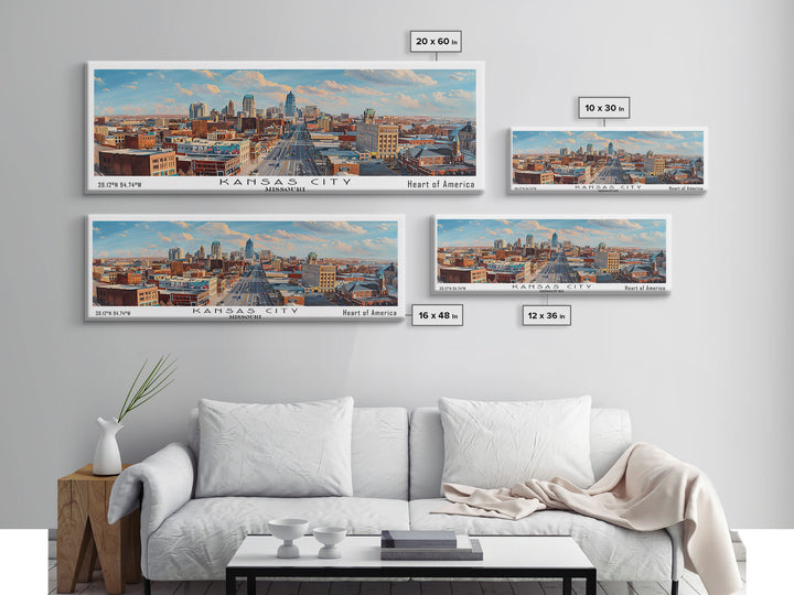 Kansas City Missouri Panoramic Cityscape Painting, Framed Canvas Print, Urban Decor, Office Wall Art, Watercolor Travel Poster, Home Decoration