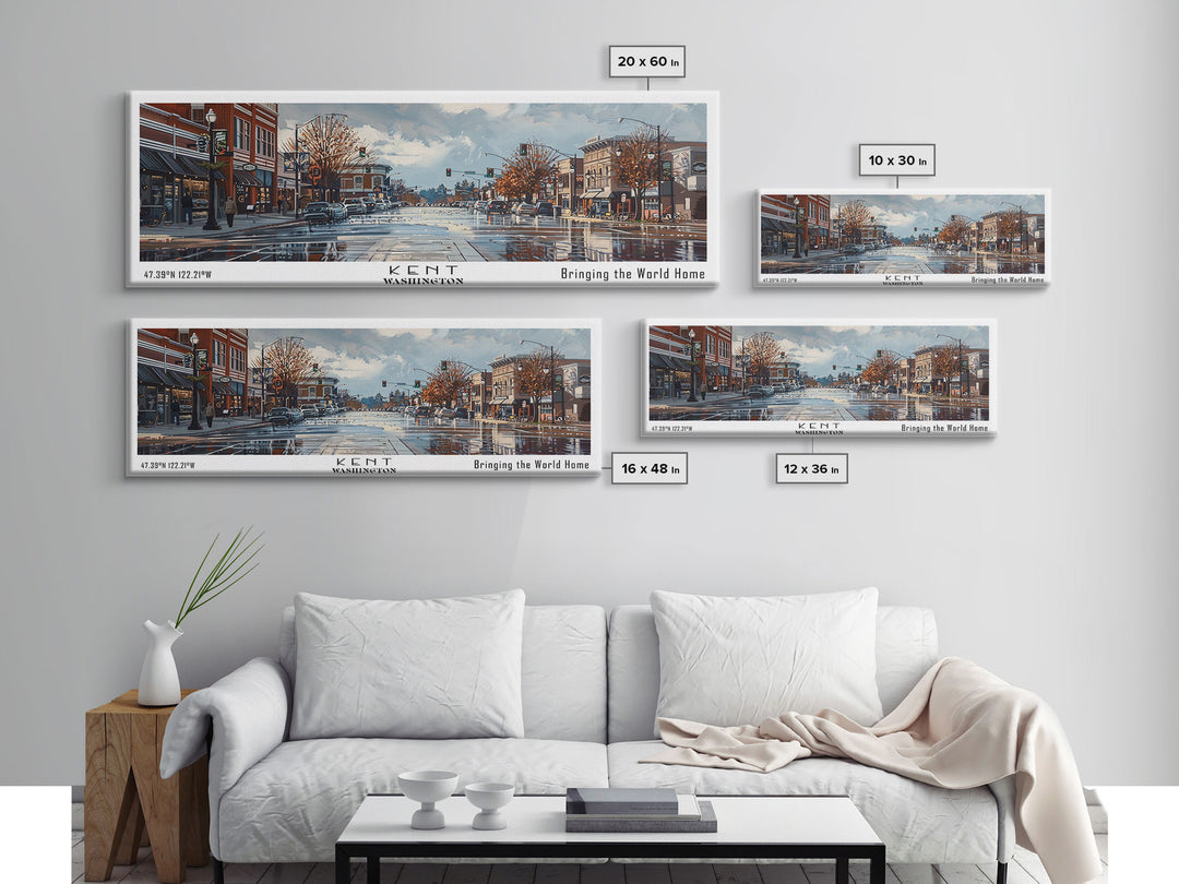 Kent Washington Panoramic Cityscape Wall Art, Watercolor Framed Canvas Print, Urban Painting for Living Room, Office Decor, Travel Poster