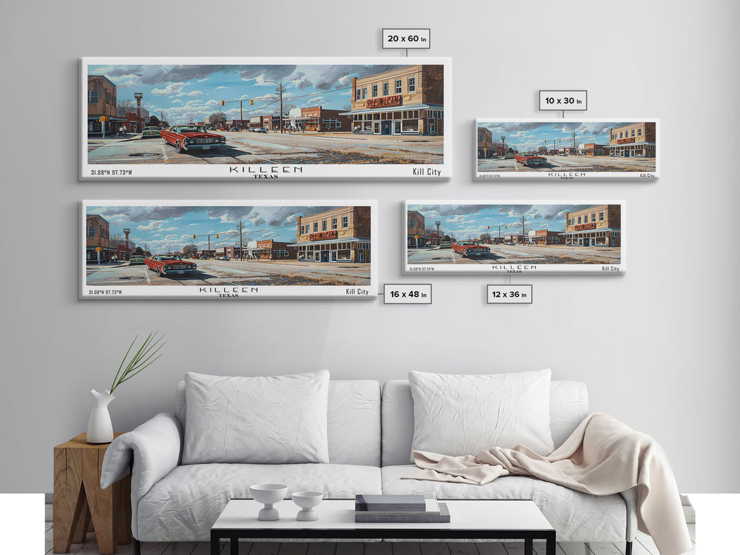 Killen Texas Panoramic Cityscape Wall Art, Watercolor Framed Canvas Print, Urban Painting for Living Room, Office Decor, Travel Poster