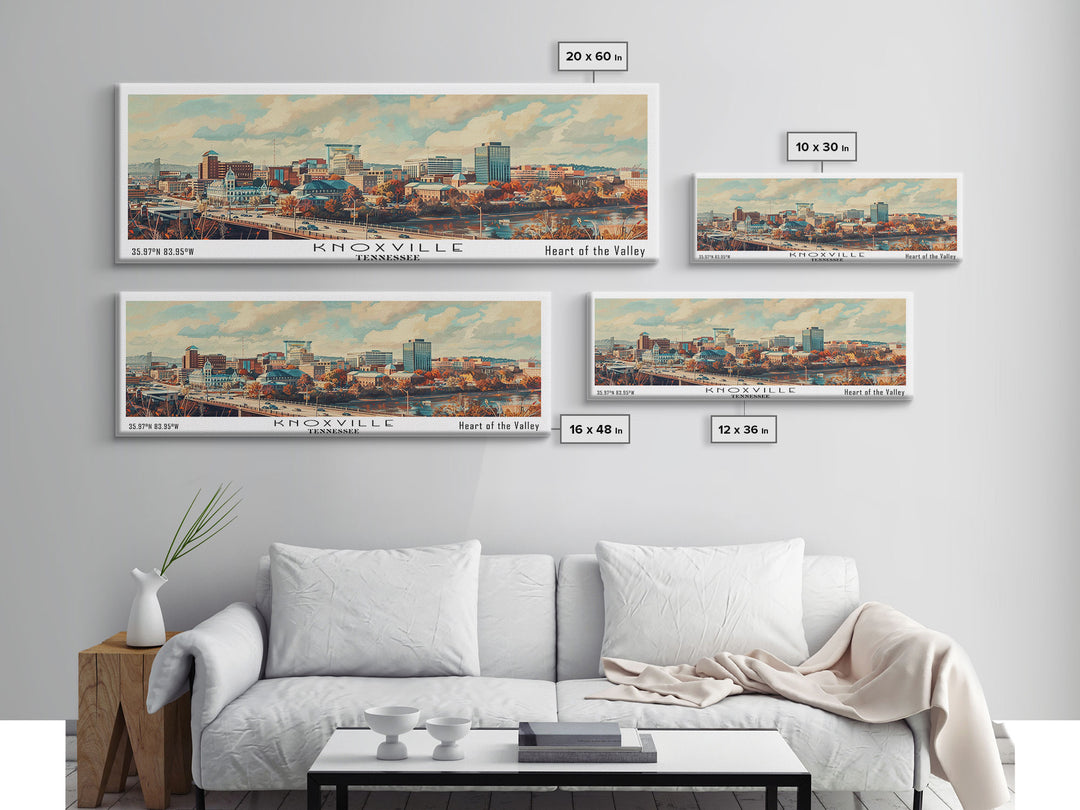 Knoxville Tennessee Panoramic Cityscape Wall Art, Watercolor Framed Canvas Print, Urban Painting for Living Room, Office Decor, Travel Poster