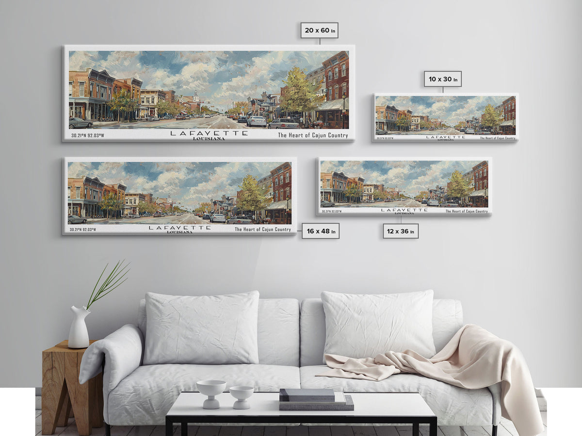 Lafayette Louisiana Panoramic Cityscape Wall Art, Watercolor Framed Canvas Print, Urban Painting for Living Room, Office Decor, Travel Poster