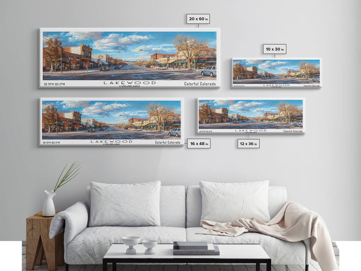 Lakewood Colorado Panoramic Cityscape Wall Art, Watercolor Framed Canvas Print, Urban Painting for Living Room, Office Decor, Travel Poster