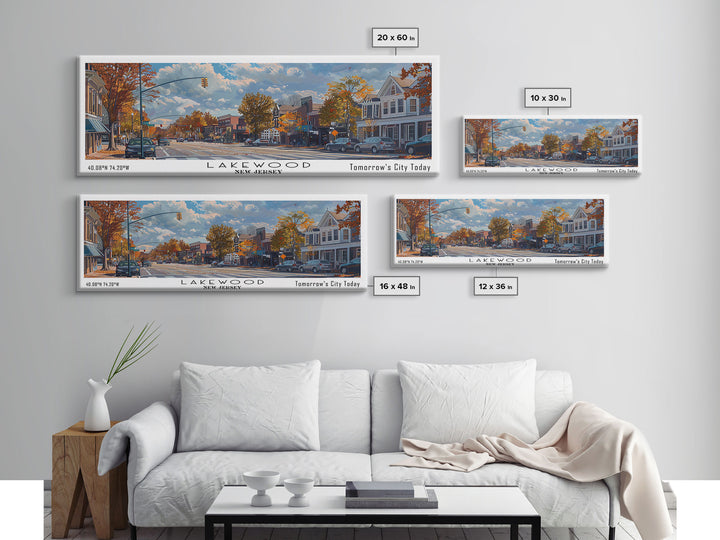 Lakewood New Jersey Panoramic Watercolor Cityscape, Framed Canvas Print for Living Room, Office Wall Art, Urban Decor, Travel Poster