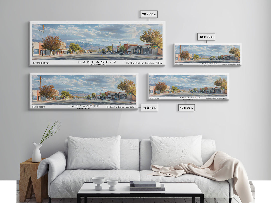 Lancaster California Panoramic Cityscape Painting, Framed Canvas Print, Urban Decor, Office Wall Art, Watercolor Travel Poster, Home Decoration