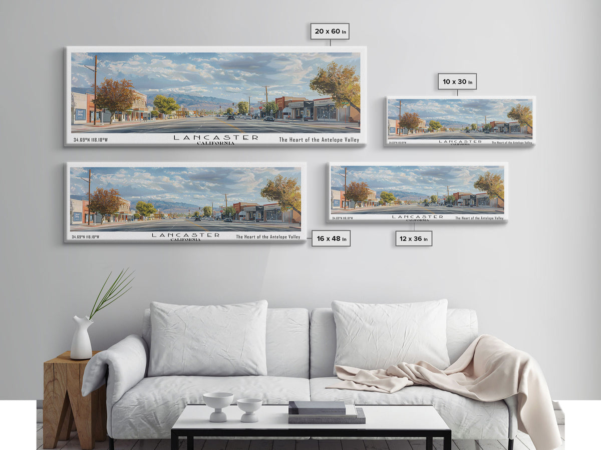 Lancaster California Panoramic Cityscape Painting, Framed Canvas Print, Urban Decor, Office Wall Art, Watercolor Travel Poster, Home Decoration