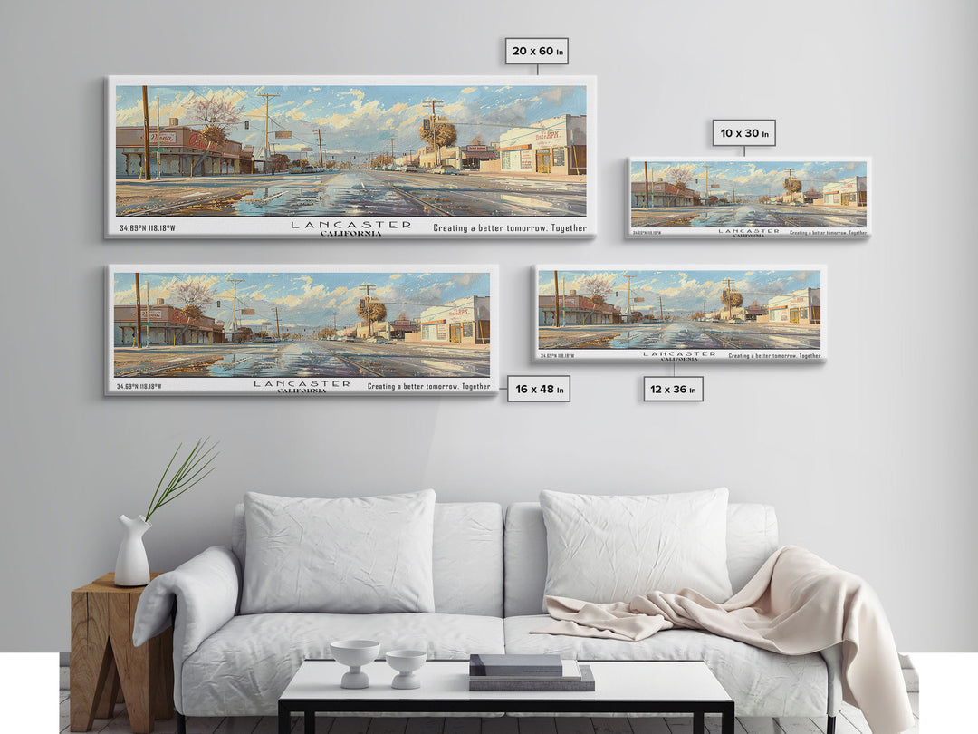 Lancaster California Panoramic Cityscape Wall Art, Watercolor Framed Canvas Print, Urban Painting for Living Room, Office Decor, Travel Poster