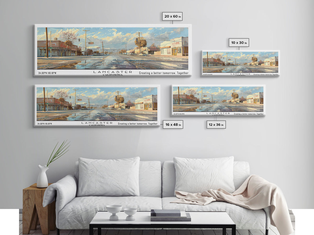 Lancaster California Panoramic Cityscape Wall Art, Watercolor Framed Canvas Print, Urban Painting for Living Room, Office Decor, Travel Poster