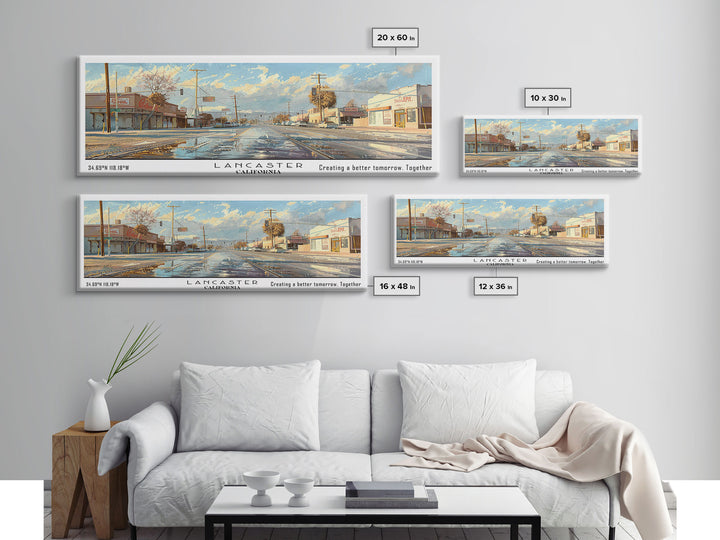 Lancaster California Panoramic Cityscape Wall Art, Watercolor Framed Canvas Print, Urban Painting for Living Room, Office Decor, Travel Poster