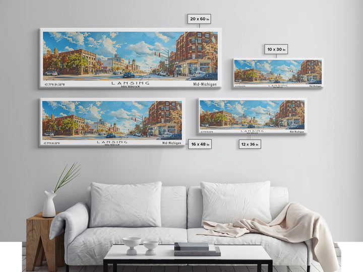 Lansing Michigan Panoramic Cityscape Wall Art, Watercolor Framed Canvas Print, Urban Painting for Living Room, Office Decor, Travel Poster