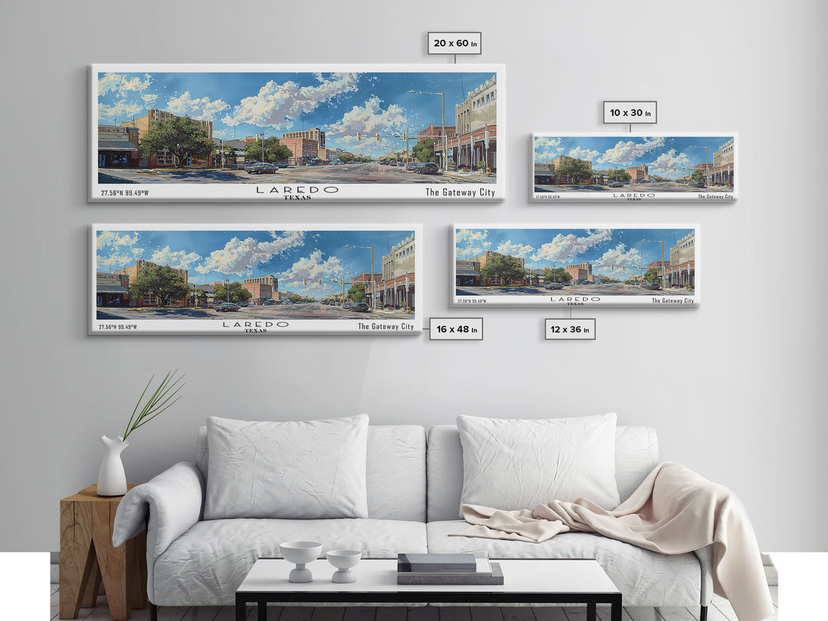 Laredo Texas Panoramic Cityscape Painting, Framed Canvas Print, Urban Decor, Office Wall Art, Watercolor Travel Poster, Home Decoration