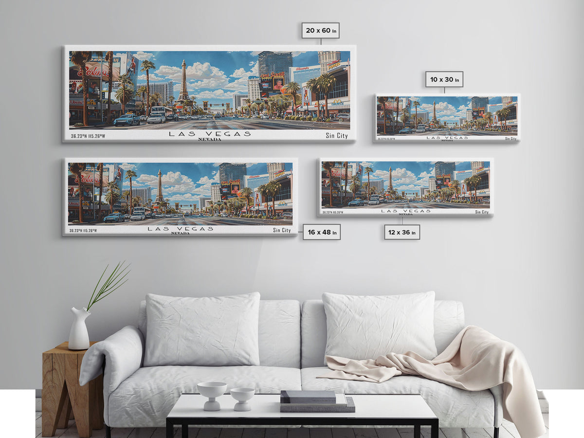 Las Vegas Nevada Panoramic Watercolor Cityscape, Framed Canvas Print for Living Room, Office Wall Art, Urban Decor, Travel Poster