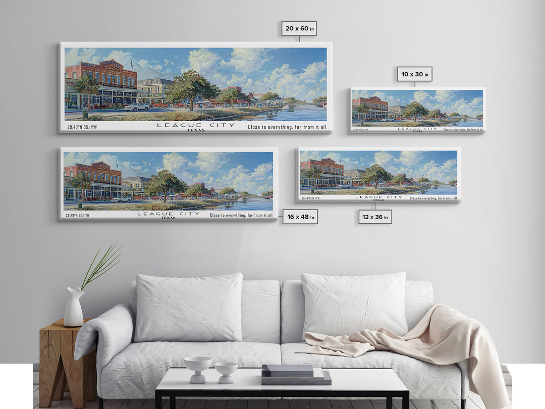 League City Texas Panoramic Watercolor Cityscape, Framed Canvas Print for Living Room, Office Wall Art, Urban Decor, Travel Poster