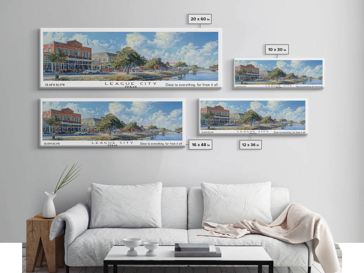 League City Texas Panoramic Watercolor Cityscape, Framed Canvas Print for Living Room, Office Wall Art, Urban Decor, Travel Poster