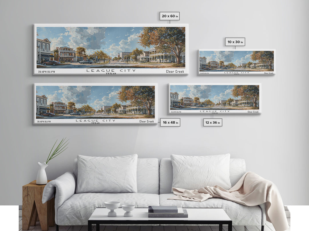 League City Texas Panoramic Cityscape Wall Art, Watercolor Framed Canvas Print, Urban Painting for Living Room, Office Decor, Travel Poster