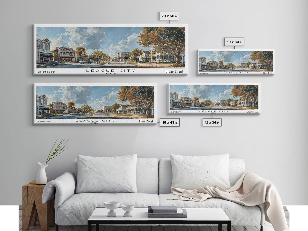 League City Texas Panoramic Cityscape Wall Art, Watercolor Framed Canvas Print, Urban Painting for Living Room, Office Decor, Travel Poster