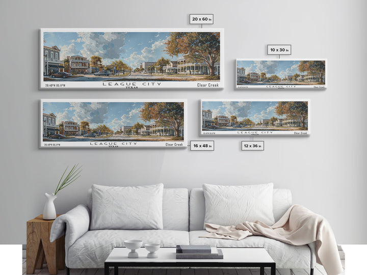 League City Texas Panoramic Cityscape Wall Art, Watercolor Framed Canvas Print, Urban Painting for Living Room, Office Decor, Travel Poster