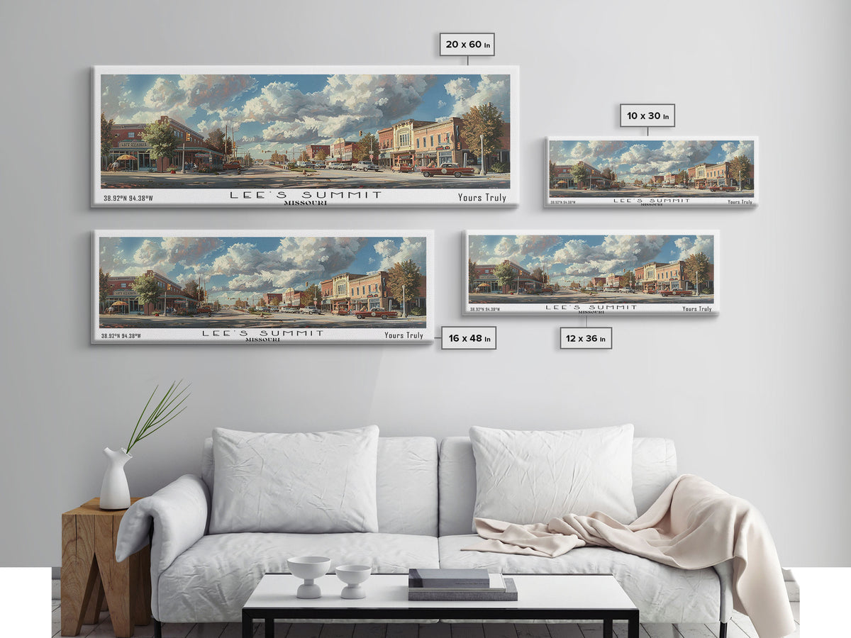 Lees Summit Missouri Panoramic Cityscape Wall Art, Watercolor Framed Canvas Print, Urban Painting for Living Room, Office Decor, Travel Poster