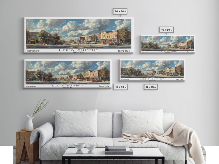 Lees Summit Missouri Panoramic Cityscape Wall Art, Watercolor Framed Canvas Print, Urban Painting for Living Room, Office Decor, Travel Poster
