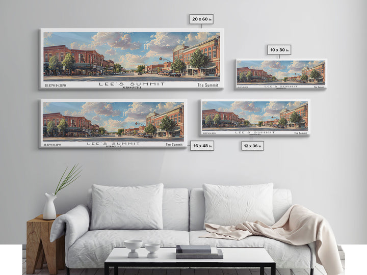 Lees Summit Missouri Panoramic Watercolor Cityscape, Framed Canvas Print for Living Room, Office Wall Art, Urban Decor, Travel Poster