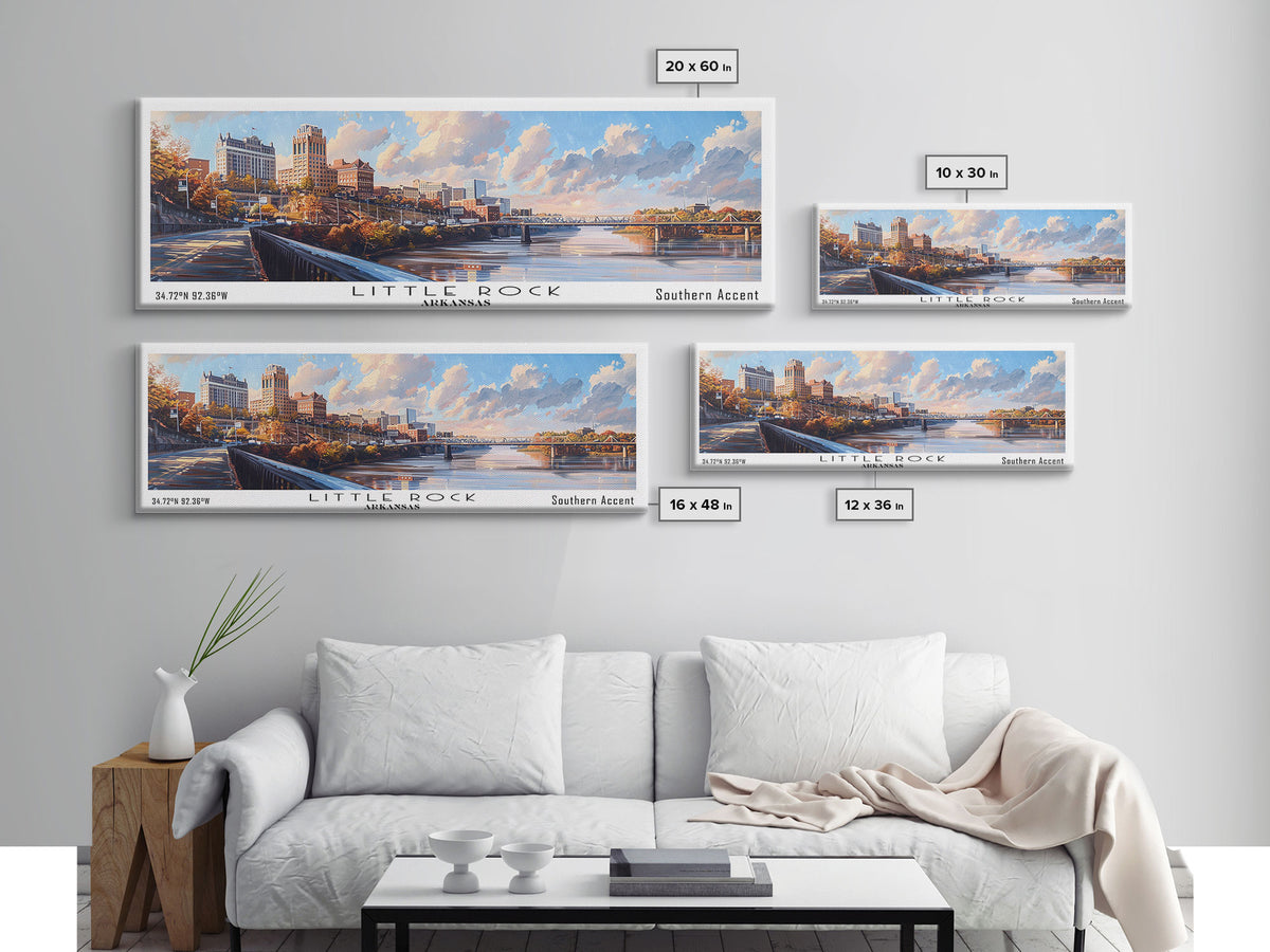 Little Rock Arkansas Panoramic Watercolor Cityscape, Framed Canvas Print for Living Room, Office Wall Art, Urban Decor, Travel Poster