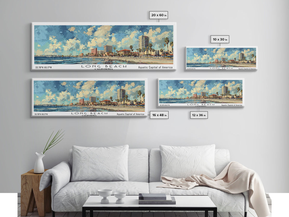 Long Beach California Panoramic Cityscape Painting, Framed Canvas Print, Urban Decor, Office Wall Art, Watercolor Travel Poster, Home Decoration