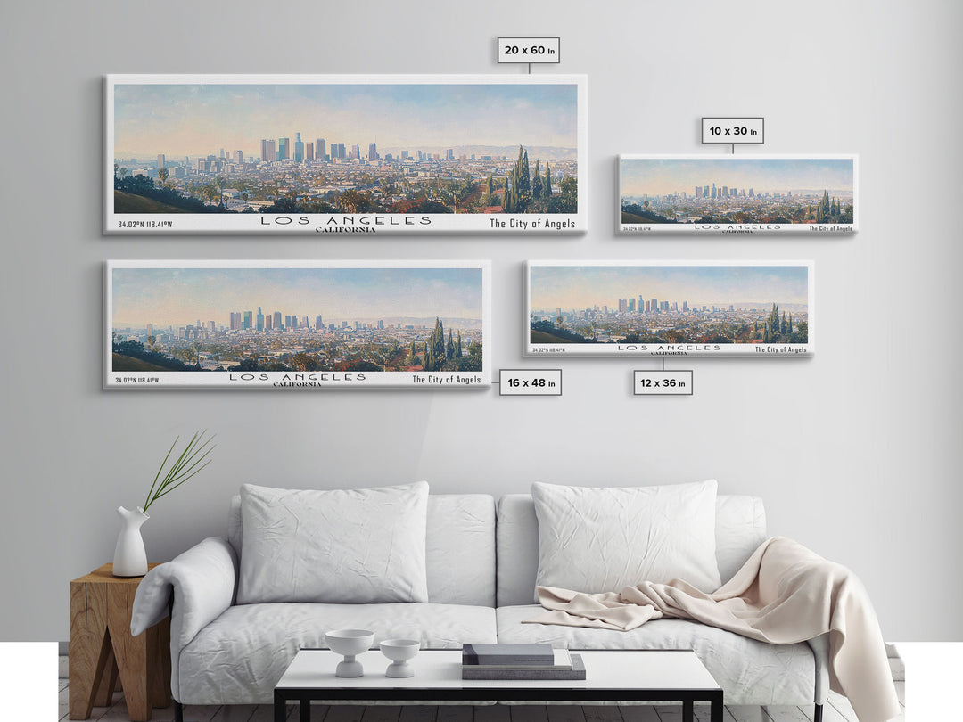 Los Angeles California Panoramic Cityscape Wall Art, Watercolor Framed Canvas Print, Urban Painting for Living Room, Office Decor, Travel Poster