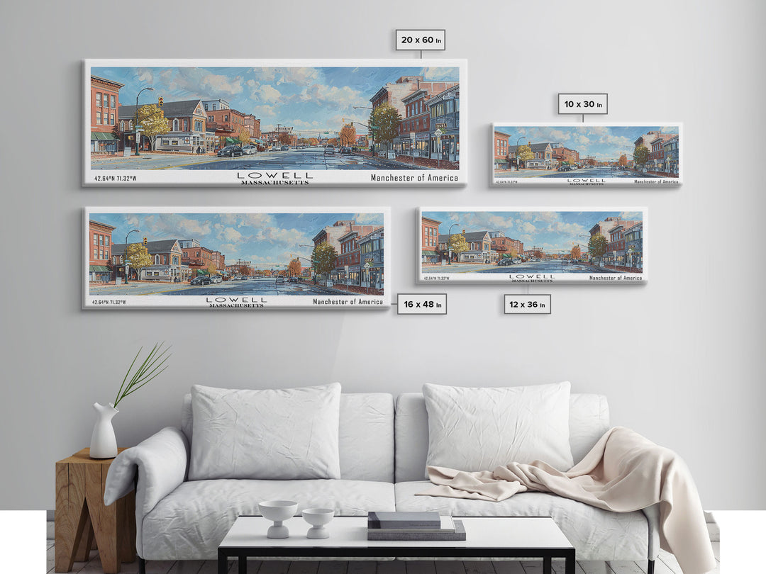 Lowell Massachusetts Panoramic Watercolor Cityscape, Framed Canvas Print for Living Room, Office Wall Art, Urban Decor, Travel Poster