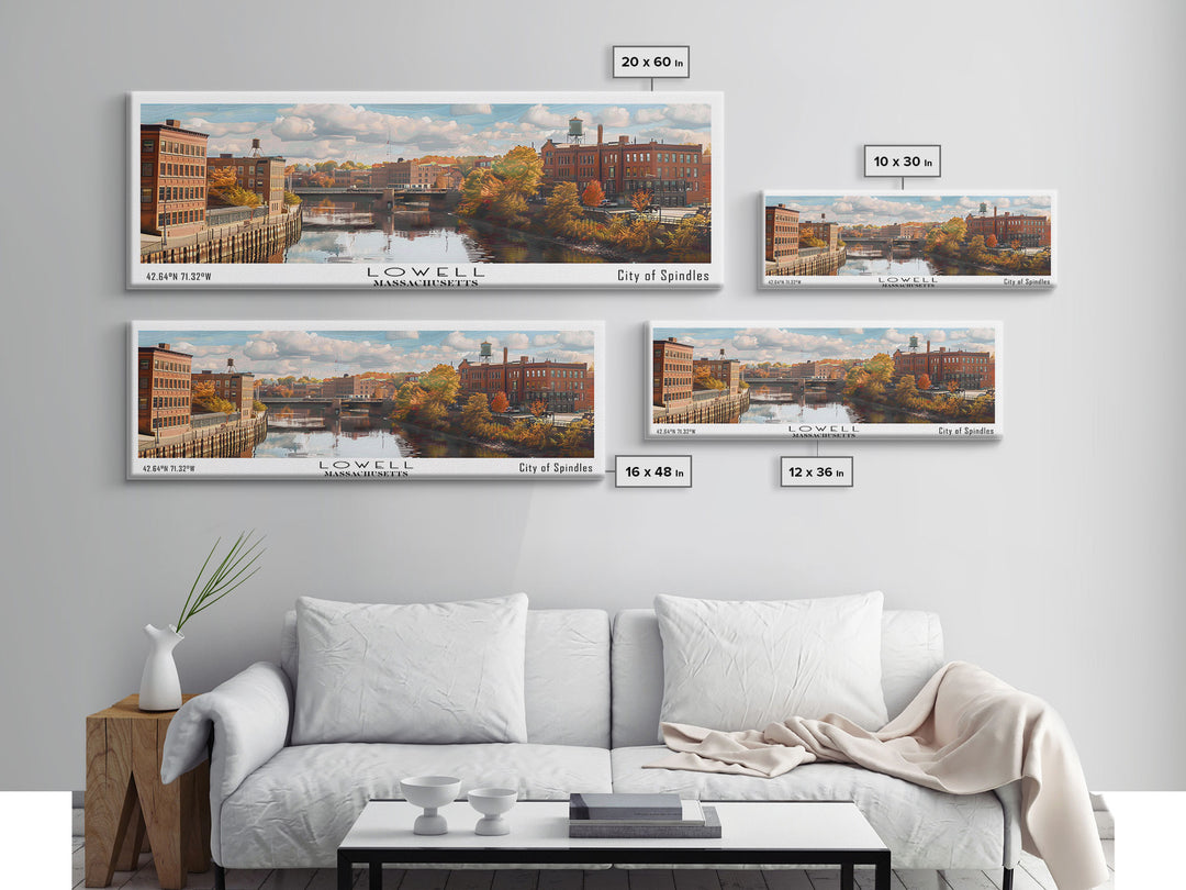 Lowell Massachusetts Panoramic Cityscape Wall Art, Watercolor Framed Canvas Print, Urban Painting for Living Room, Office Decor, Travel Poster