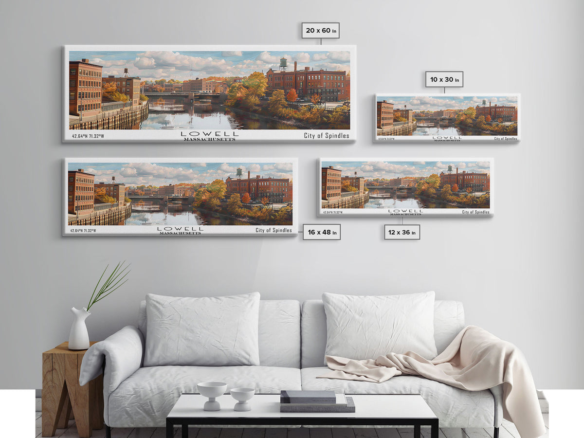 Lowell Massachusetts Panoramic Cityscape Wall Art, Watercolor Framed Canvas Print, Urban Painting for Living Room, Office Decor, Travel Poster
