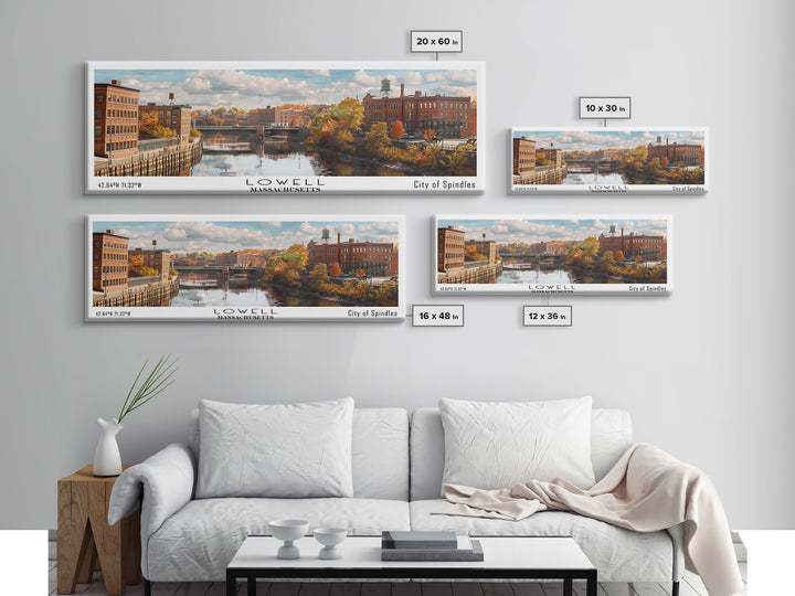 Lowell Massachusetts Panoramic Cityscape Wall Art, Watercolor Framed Canvas Print, Urban Painting for Living Room, Office Decor, Travel Poster